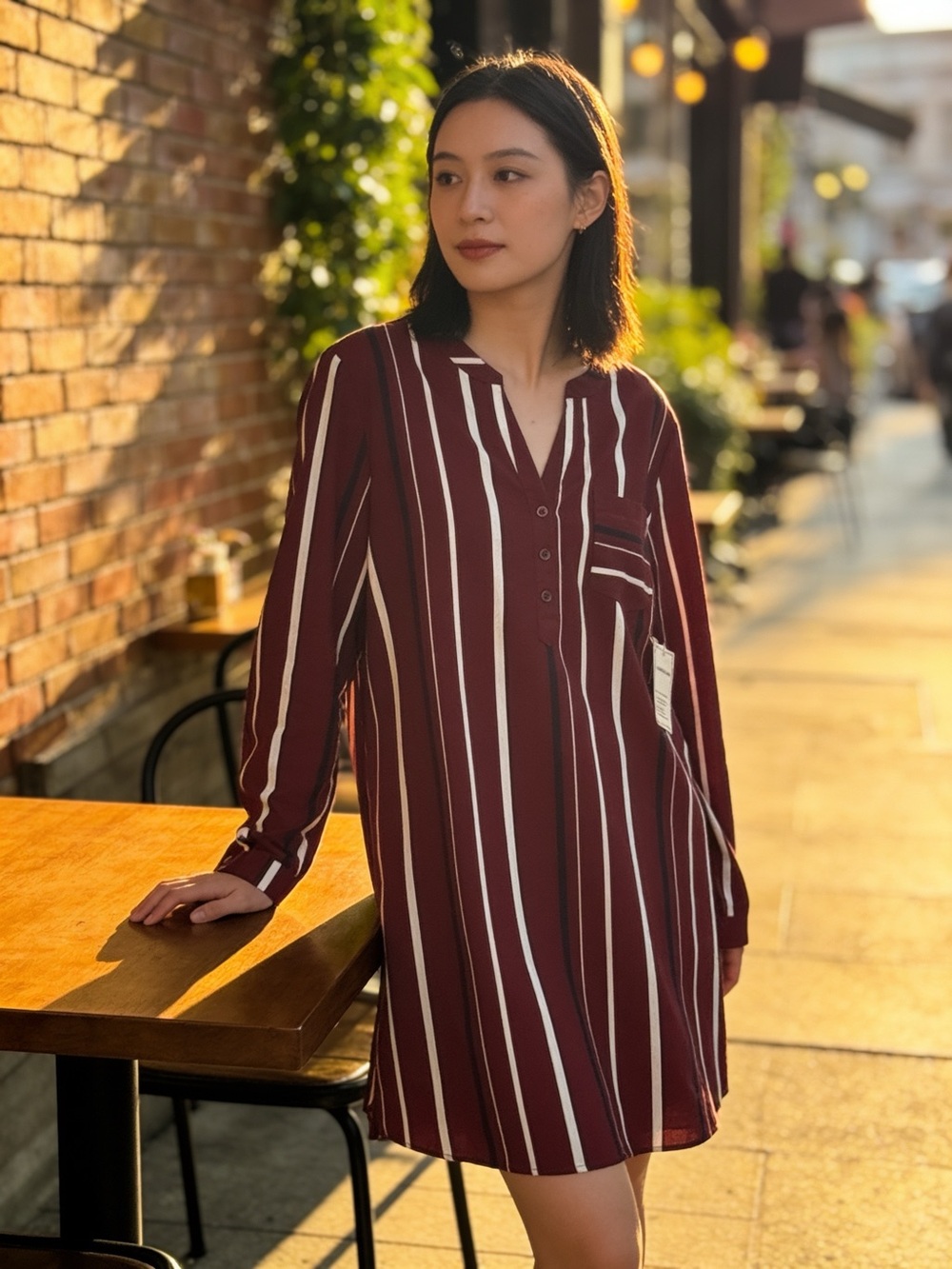 Janette Plus Women's Burgundy Stripe Long-Sleeve Shirt Dress